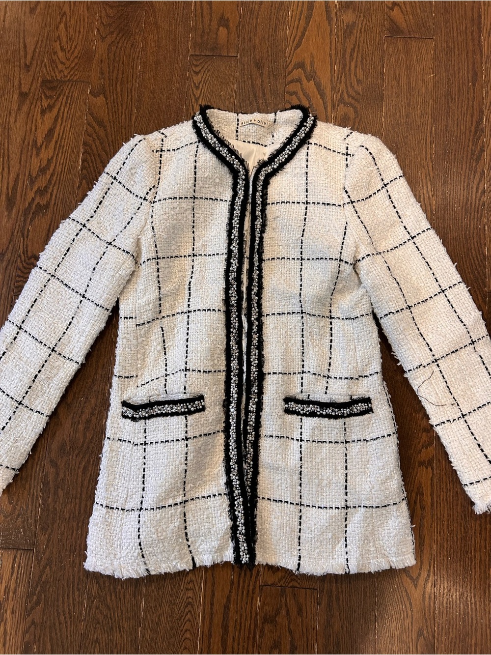 Alice + Olivia White Windowpane Tweed Jacket with Black Trim